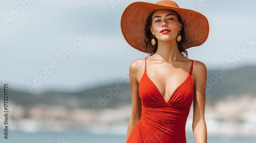 Wallpaper Mural Woman in a red dress and a straw hat is standing on a beach. She is smiling and looking at the camera Torontodigital.ca