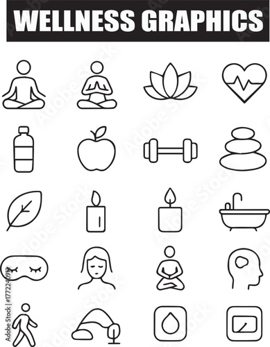 Wellness and Self-Care Line Icons Set – Minimalist Health, Spa, and Mindfulness Outline Graphics.