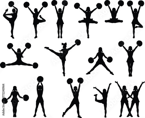 Collection of cheerleader silhouettes performing various poses and jumps