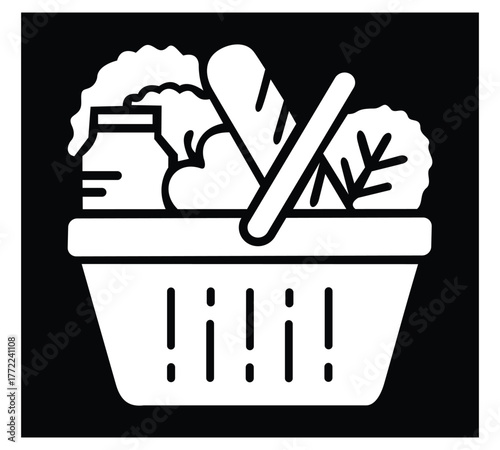 Full basket of food, grocery shopping, special offer. Vector illustration.