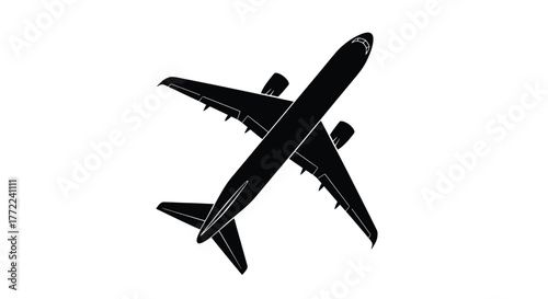Black airplane silhouette is a symbol of travel, transportation, and aviation