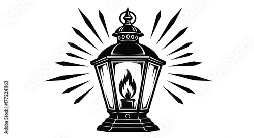 Vintage lantern with flame and rays, , evoking nostalgia, warmth, and classic illumination