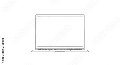 Laptop computer outline portable device with blank screen for business or education thin line vector illustration for presentation