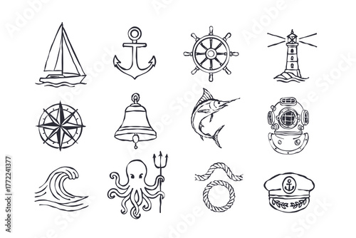 Vintage Nautical Line Art Icons Hand Drawn Marine and Sailing Adventure Set For Maritime Labels or Sea Adventure Branding