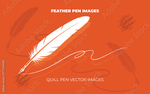 A single white feather quill pen rests on a vibrant orange surface, with a delicate white ink swirl emanating from its tip.