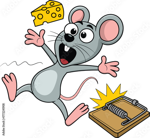 Funny cartoon mouse jumping in fear near a spring mousetrap with cheese, cute animal vector illustration, humor danger concept, comic art