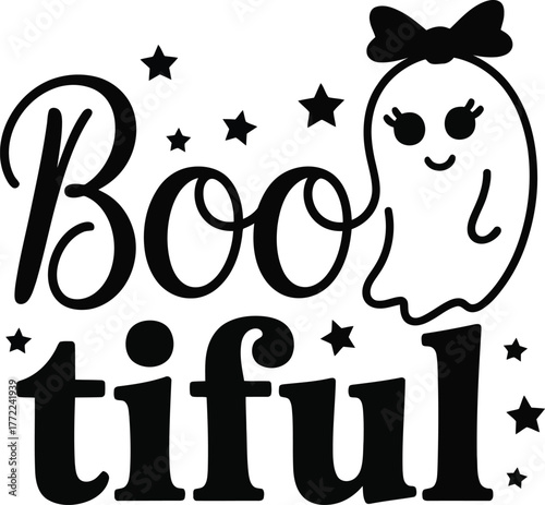 Cute ghost with bow saying boo tiful for halloween