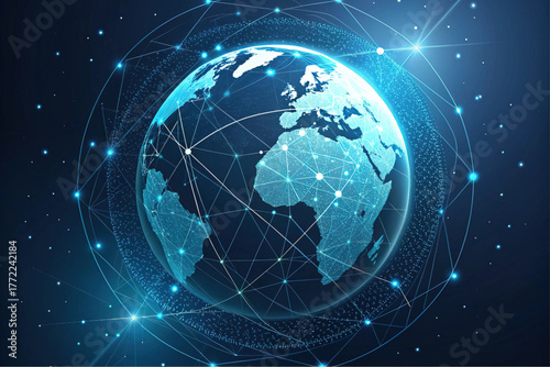 Tech earth network concept, glowing line design, digital particle, vector illustration, sci-fi decor, innovation element, electronic art, modern technology, visual layout, tech background.