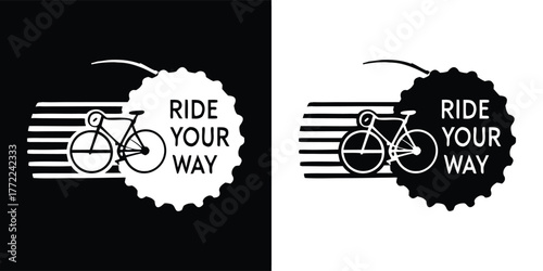 Graphic design featuring a bicycle silhouette with the text ride your way, presented in both black and white versions for versatile branding and apparel