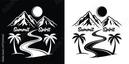 Summit spirit emblem with winding road, palm trees, and mountains under a sun, symbolizing aspiration and the journey to success