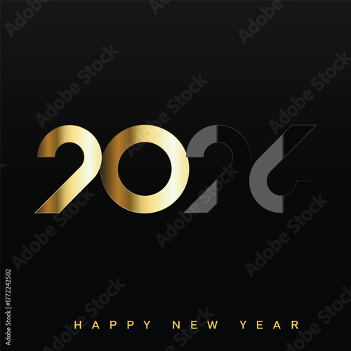 Elegant Happy New Year 2026 logo with gold and black typography. Vector