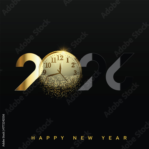 Elegant Happy New Year 2026 logo with gold and black typography. Vector