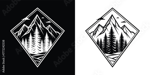 Diamondshaped emblem showcasing a rugged mountain landscape with dense pine trees, offered in contrasting black and white for diverse design needs
