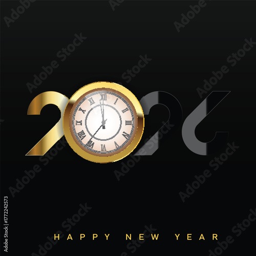 Elegant Happy New Year 2026 logo with gold and black typography. Vector