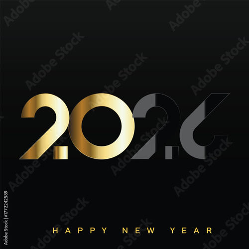 Elegant Happy New Year 2026 logo with gold and black typography. Vector