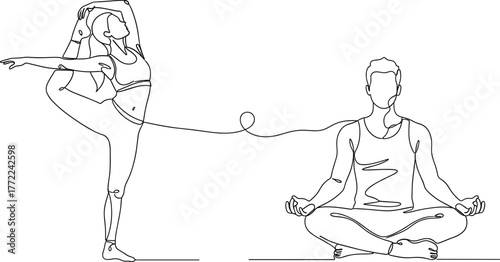 Yoga harmony illustration—two individuals in dancer and meditative poses connected by continuous line, minimalist black-and-white line art vector