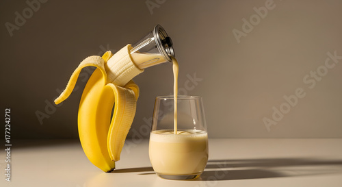 Banana smoothie pouring into a glass from a banana with a metal funnel