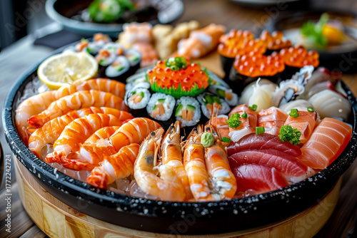 Wallpaper Mural A tray of sushi and shrimp is displayed on a wooden table Torontodigital.ca