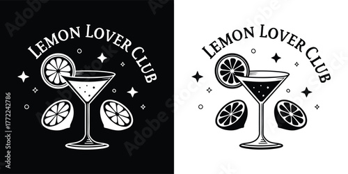 Lemon lover club logo with cocktail glass, lemon slices, and stars, presented in both black and white versions for versatile design applications