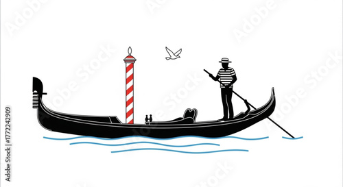 Classic venetian gondola with gondolier, navigating through the water with a striped pole and seagull