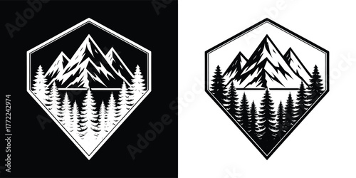Vintage geometric emblem featuring a stylized mountain range and pine trees, presented in both black and white versions for versatile design applications