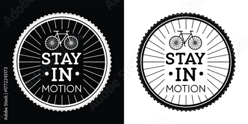 Stay in motion bicycle logo with sunburst effect, symbolizing activity and movement, isolated on white background