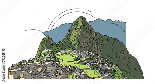 Illustration of machu picchu, an incan citadel set high in the andes mountains in peru, above the urubamba river valley, south america