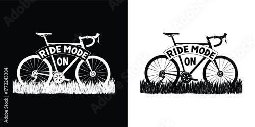 Ride mode on text on a bicycle illustration with grass, black and white design