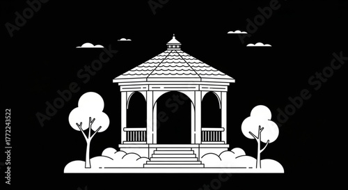 Illustration of a white gazebo with trees on a, a simple and elegant design for parks and gardens