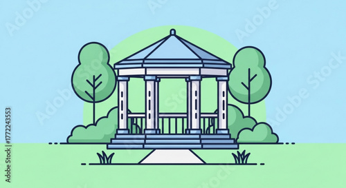 Gazebo in a park, a structure with a roof and open sides, used for relaxation and shelter in garden
