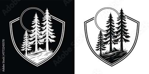 Vintage shield emblem with pine trees and a circular element, representing nature and adventure, suitable for logos and outdoor branding