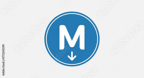 Blue circle with the letter m and a downward arrow, symbolizing download, media, or a mobile app