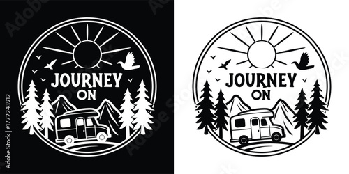 Journey on rv camper van in forest with mountains and sun, circular graphic design
