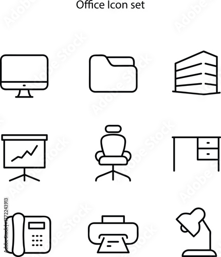 Set of 9 outline icons related to workspace or office. Linear icon collection. Vector illustration