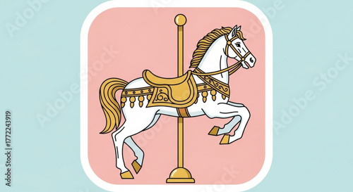 Carousel horse illustration on a pink background, a vintage fairground ride with a white horse and golden saddle, a nostalgic childhood memory
