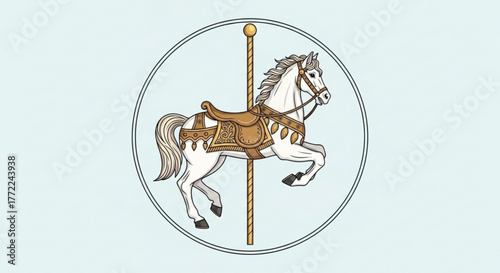 Carousel horse illustration on a, a vintage fairground ride with a white horse and golden saddle