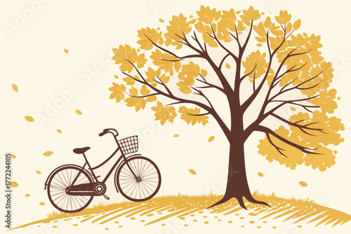 Autumn scene with bicycle and tree falling leaves.