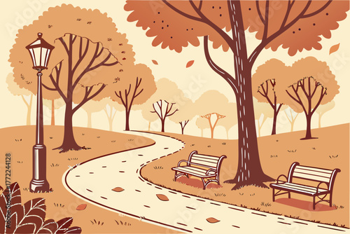 Autumn Park Scene with Winding Path and Benches 1.