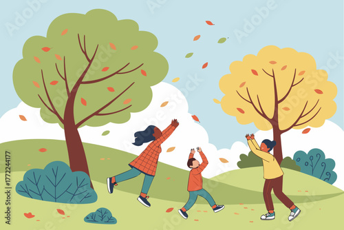 Children playing with autumn leaves in a park.