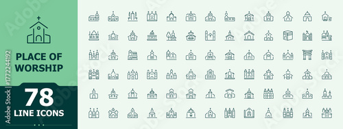 Place Of Worship line icon set. Contain linear symbols church, christ, cross, synagogue, faith, christian and more. Church simple icon set. Editable vector art and illustration.