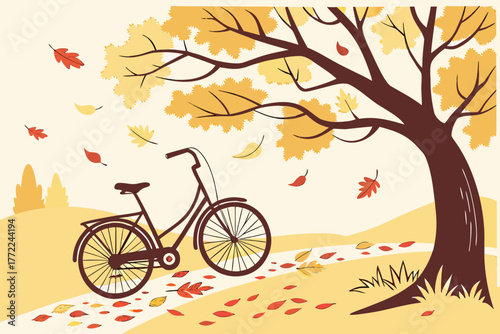 Bicycle parked under a tree with falling autumn leaves.
