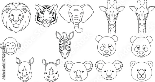 Animal heads lion tiger elephant giraffe monkey zebra panda rhino koala bear