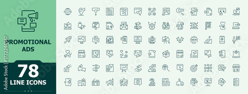 Promotional Ads line icon set. Icons for UI design. It contains symbols to campaign, market, advertising, business. Vector artwork and illustration. Ads line icon set.