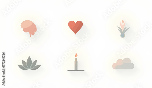 A collection of icons representing mindfulness, including a brain, heart, flower, lotus, candle, and cloud, arranged in a grid on a white background.
