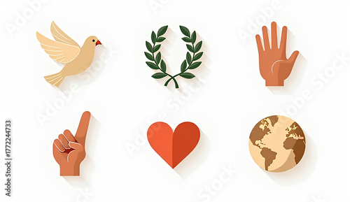 Illustration of peace symbols including a dove, olive branch, hand, heart, and globe on a white background.