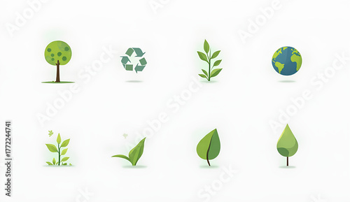 A collection of eco-friendly icons representing nature, recycling, and environmental awareness on a white background.
