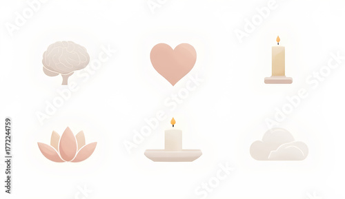 A collection of icons representing mindfulness, including a brain, heart, candles, lotus flower, and cloud.