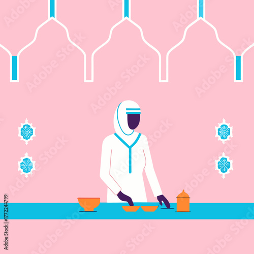 Muslim woman preparing food for Iftar during Ramadan celebration.