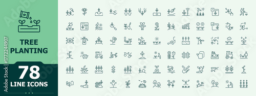 Tree Planting line icon set. Thin UI icons. Gardening vector icon set. Pictograms of nature, environment, eco, farming, ecology, gardening and more.