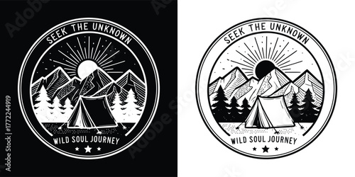 Seek the unknown mountain landscape with tent and trees, vintage adventure emblem